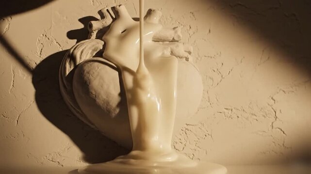 close up creamy plaster wall with a sculpted heart relief and soft ivory wax slowly melting and dripping dramatic warm directional light and poetic shadow
