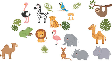 Obraz premium Collection of cute cartoon safari animals, tropical birds, and jungle characters isolated on white background.