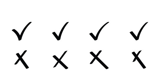 Black hand drawn check and cross mark set in doodle style for project work. Isolated on white background. 