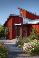A vibrant red house featuring a gleaming metal roof and a lush garden is nestled within a cheerful residential neighborhood during the bright daytime hours