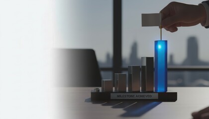 business growth expansion execution concept. Business concept with a hand adjusting a blue bar in a progress graph against a blurred office background.