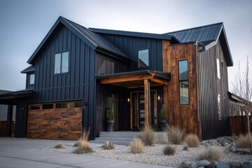 Fototapeta premium A contemporary house featuring elegant wooden accents is beautifully nestled within a meticulously maintained landscape, situated in a tranquil neighborhood during the serene late afternoon hours