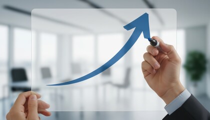 business growth expansion execution concept. Hands drawing an upward arrow on a transparent board in a modern office setting.