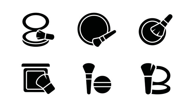 Makeup powder compact and brush silhouette icon set isolated on transparent background, vector flat design collection.