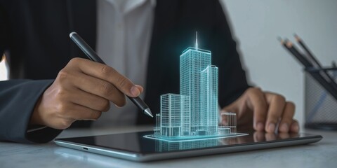 business growth expansion execution concept. A person uses a digital tablet to sketch a modern building design concept.