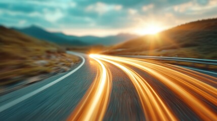 The vibrant light trails of cars on a winding road create a mesmerizing visual effect, illustrating speed and motion while evoking feelings of adventure and the thrill of journey.