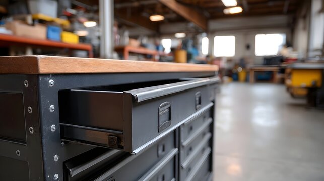 A close up of a metal tool chest with an open drawer in an industrial workshop setting