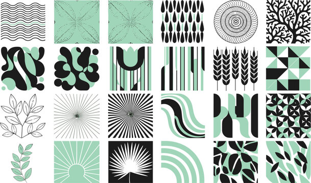 Collection of modern mint green and black geometric patterns, botanical motifs, and abstract nature icons.