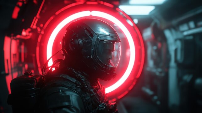 An astronaut in a high-tech space environment, illuminated by striking red lights, portraying the essence of exploration and the thrill of discovering the unknown.