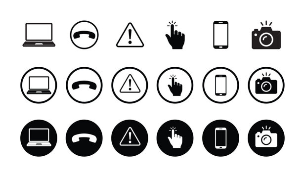 Icon set featuring laptop, phone, alert, touch, smartphone, and camera in line, outlined, and solid styles. Ideal for UI design, communication apps, and digital interface projects.