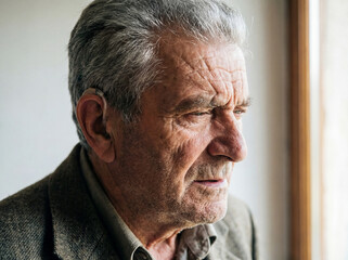 An elderly man holds a hearing aid in his hand. The problem with hearing loss in old age.
