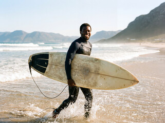 A middle-aged surfer from South Africa jogs through shallow water before entering the sea to surf.