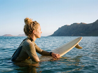 A young female surfer learns to surf in shallow water.