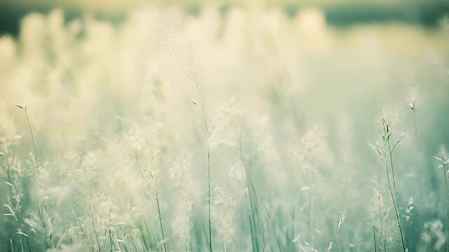 Delicate wild grass stalks with soft seed heads rising against a dreamy pastel bokeh, shallow focus creating an abstract, tranquil meadow background evoking calm and renewal