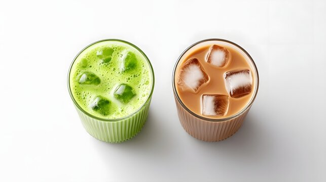 Top down view of two refreshing cold beverages vibrant green matcha with froth and ice and creamy brown iced coffee or latte with ice in ribbed glasses against a white backdrop