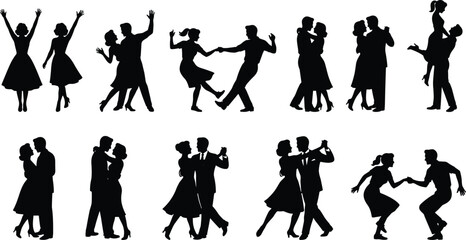 Obraz premium Silhouette collection of energetic dancing couples and solo dancers performing ballroom, swing, and romantic partner movements with expressive poses on white background