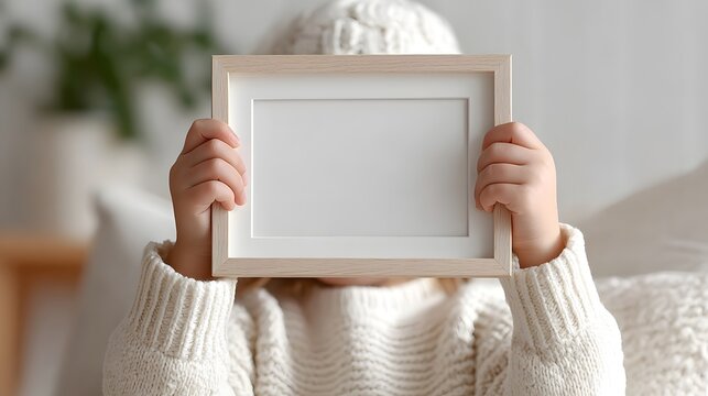 A young child s hands are visible holding a blank wooden picture frame playfully hiding their face in a warm soft lit indoor environment