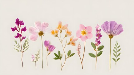 An ic arrangement of meticulously pressed wildflowers showcasing delicate petals and stems in shades of pink purple orange and yellow presented on a neutral background