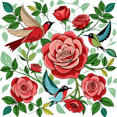 Beautiful Rose Background with Birds stock illustration ,  white background 