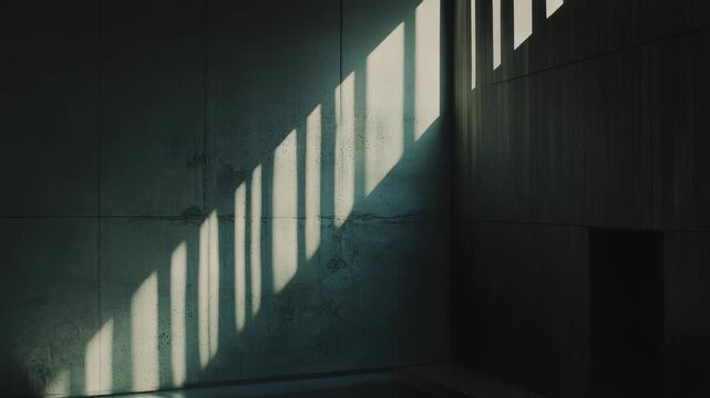 Sunlight creates a dynamic pattern of light and shadow reflecting from a window onto a textured concrete wall and a tranquil water surface, emphasizing architectural minimalism and serenity