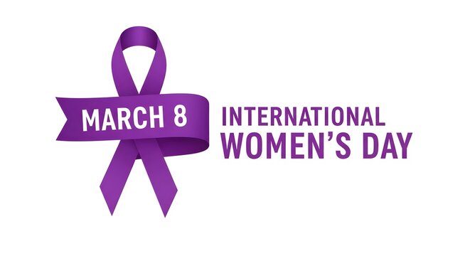 International Women's Day purple ribbon badge design with March 8 text for equality celebration