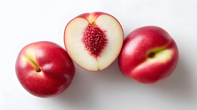 Three fresh white nectarines one sliced to reveal juicy pink flesh and pit  Presented on a clean white studio background highlighting their healthy appeal