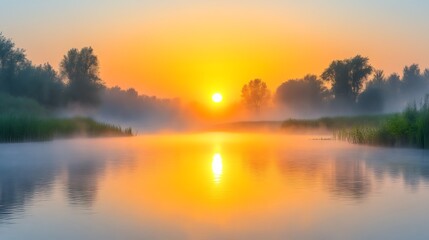 Obraz premium Sunrise over a misty river. Silhouette trees line the banks. Golden sun reflects on calm water. Soft, pastel colors