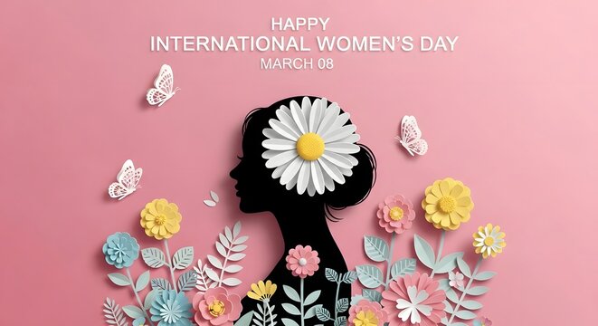 Happy International Women's Day floral card with daisies and butterflies on pink background