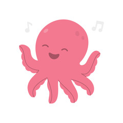 Fototapeta premium Happy pink cartoon octopus dancing with music notes. Cute sea animal illustration with joyful face and raised arms
