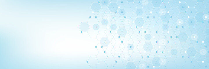 Modern health care or medical background design. Health care innovation concept. Horizontal header web banner. Abstract geometric background with hexagon shapes for medicine, science, chemistry.