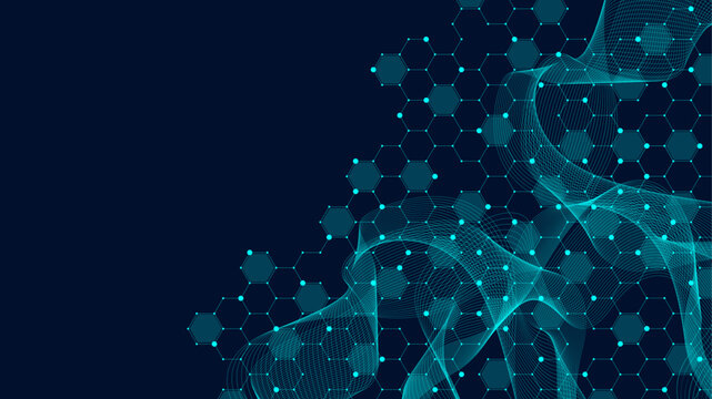 Molecular abstract structure and genetic engineering DNA. Healthcare and medicine background concept. Scientific research background. Wave flow. Innovation pattern. Vector illustration.