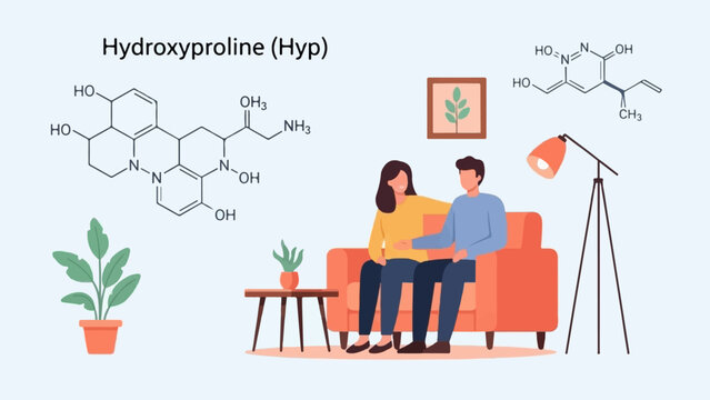 Couple relaxing at home with scientific diagrams of hydroxyproline and plants