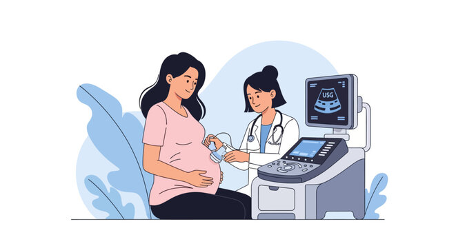 Pregnant Woman Receiving Ultrasound Scan from Doctor. Routine Prenatal USG Checkup and Medical Consultation Illustration.