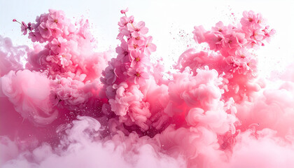 三つの桜花クラスターと煙が織りなす優美な春のアート背景