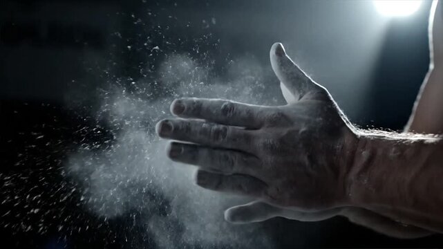 A gymnast's hands sprinkled with chalk, showing struggle and persistence in a dramatic close-up, set against a dark background with a spotlight.