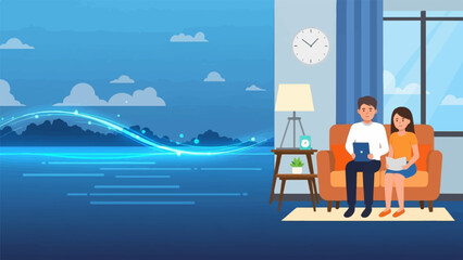 Naklejka premium Cozy couple relaxes at home with tablets, against backdrop of digital wave