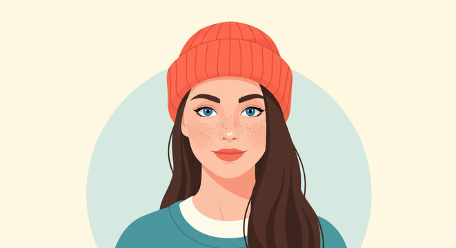 A young woman with freckles and blue eyes wearing an orange beanie