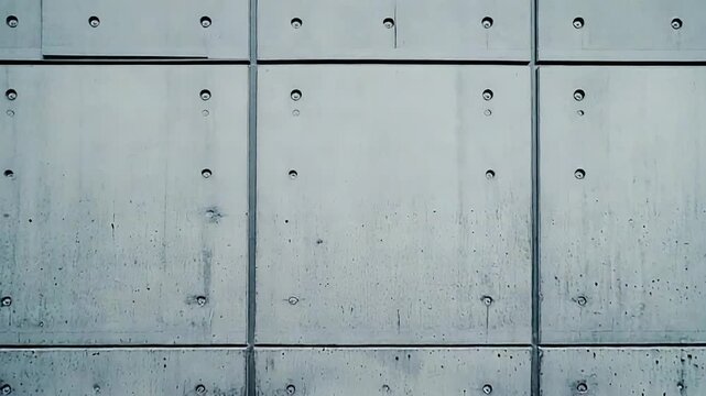 Strong industrial concrete wall with repeating square precast panels, visible bolts and weathered grey texture minimalist architectural backdrop for urban and construction themes