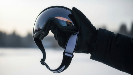 Close-up of a hand holding goggles at a ski resort