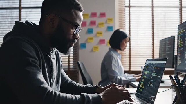 Two people working on computers in an office