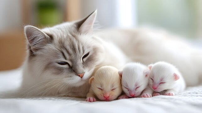 A beautiful fluffy mother cat tenderly watches over her three tiny sleeping newborn kittens showcasing a heartwarming scene of maternal love and family bonding