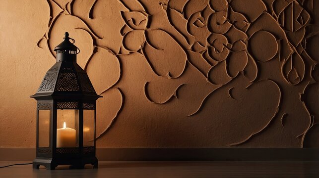 Minimal Ramadan Lantern on Warm Orange Stucco Wall Background