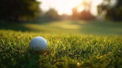 Golf ball on green grass at sunrise
