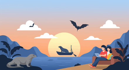 Couple on sofa with laptop, seal in boat, seal on shore, bats fly