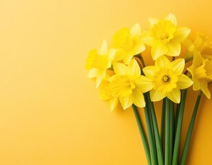 Yellow daffodils on a yellow background. Spring floral background with space for text. Template for an Easter card or banner