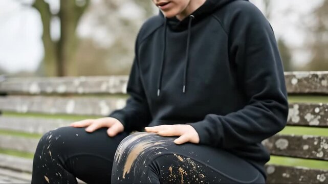 Mudsplattered runner resting on park bench after intense outdoor training session