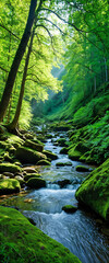 Sunlit forest creek with mossy rocks and vibrant green leaf canopy