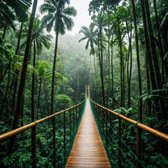 Suspension bridge stretches through lush rainforest creating adventurous jungle atmosphere
