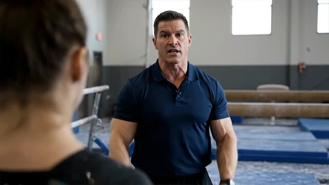 A male coach guides a young gymnast through a challenging routine emphasizing struggle and persistence in a gymnastics training facility