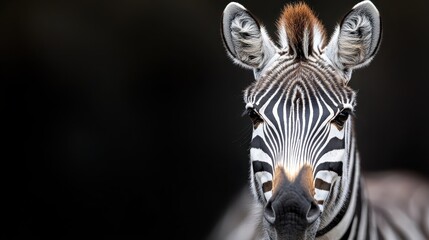 Fototapeta premium A close-up portrait of a zebra highlights its distinctive stripes and captivating features, showcasing the beauty and uniqueness of wildlife in a striking and artistic manner.